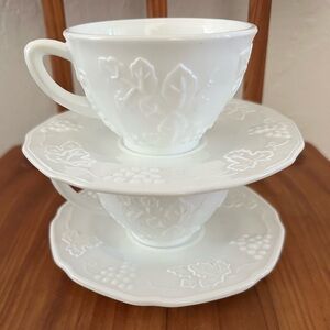 Set of 2 Vintage Indiana Glass Milk Glass Cup and Saucer Colony Harvest